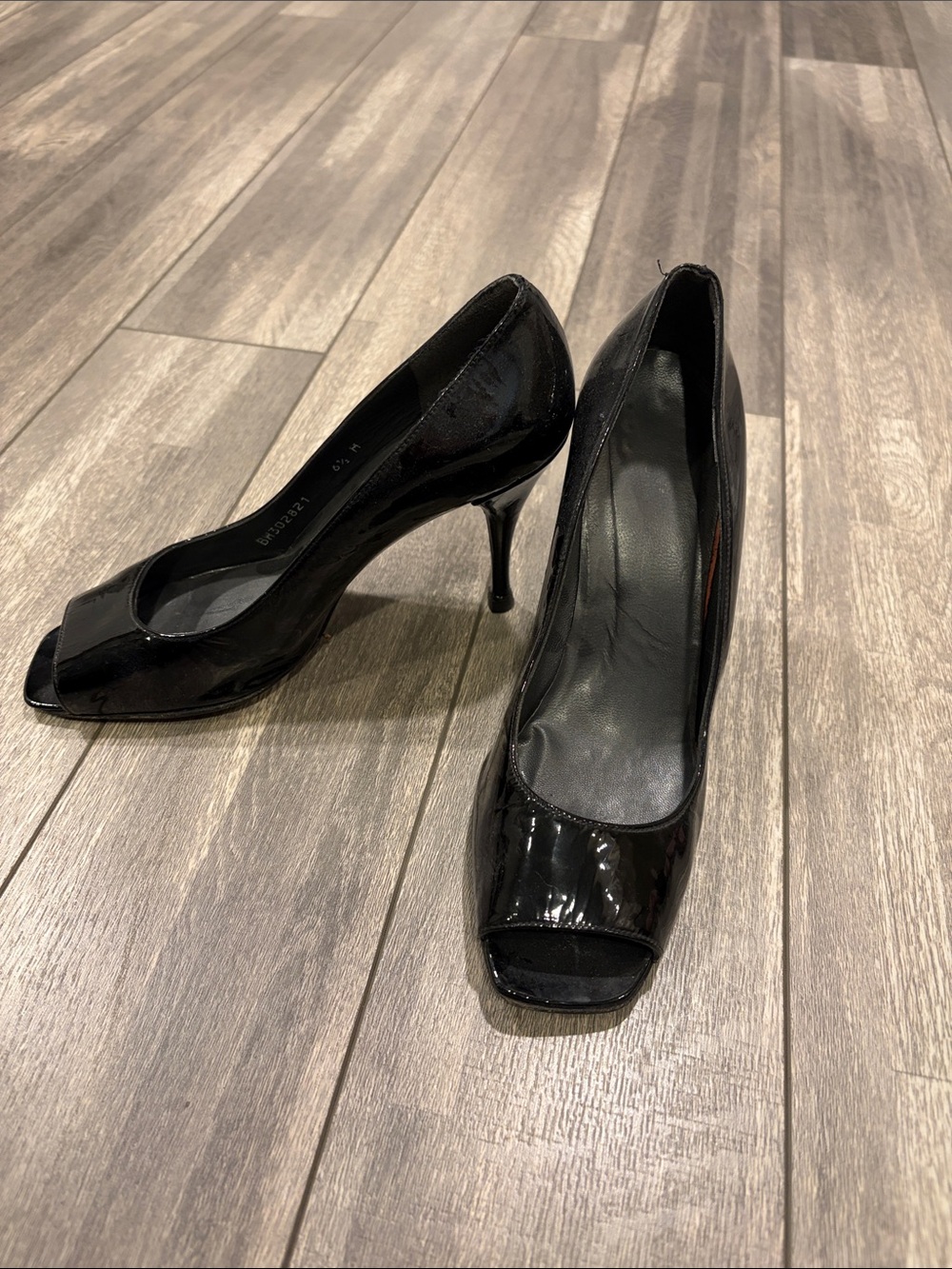 Stuart Weitzman Black Patent Open-Toe Stiletto Heels